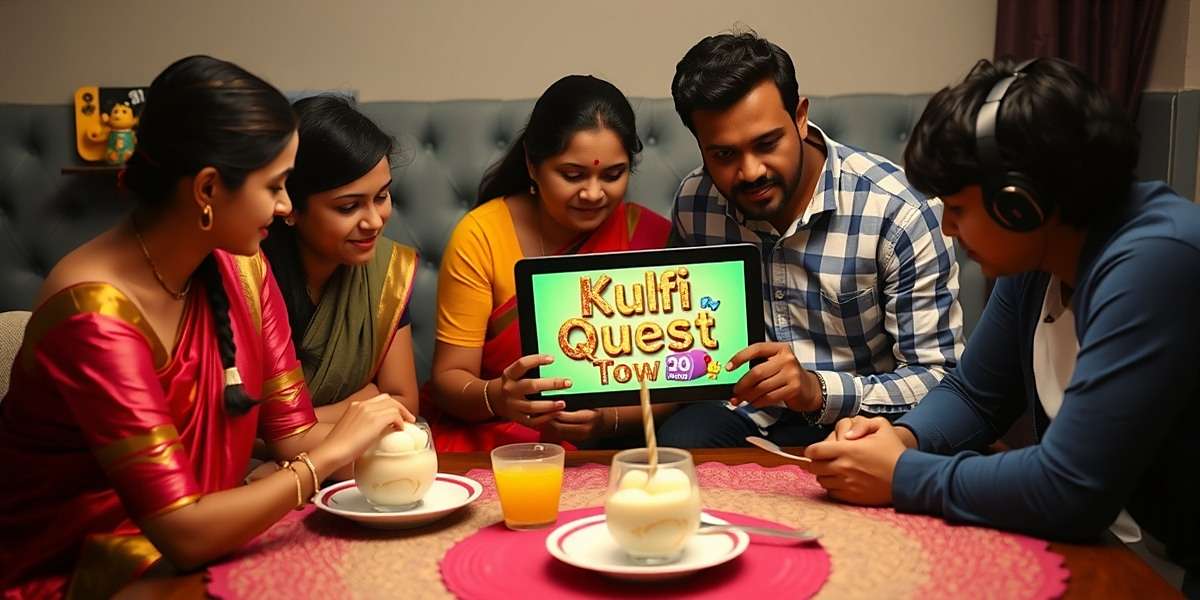 Indian family playing Kulfi Quest together on a tablet, with traditional kulfi being served alongside