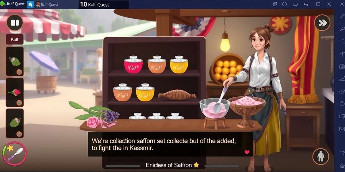 Kulfi Quest gameplay showing a character collecting saffron from a market in Kashmir, with traditional kulfi molds displayed in the background