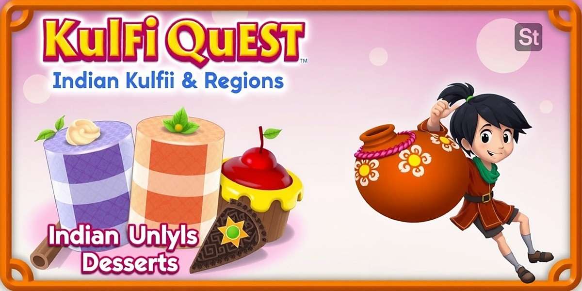 Kulfi Quest game cover showing colorful Indian kulfi desserts from different regions, with a young character carrying a traditional earthen pot