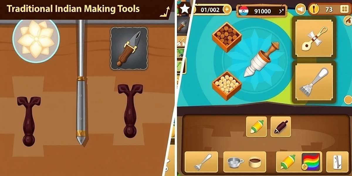 Traditional Indian kulfi making tools displayed alongside Kulfi Quest game screenshots showing the virtual equivalents